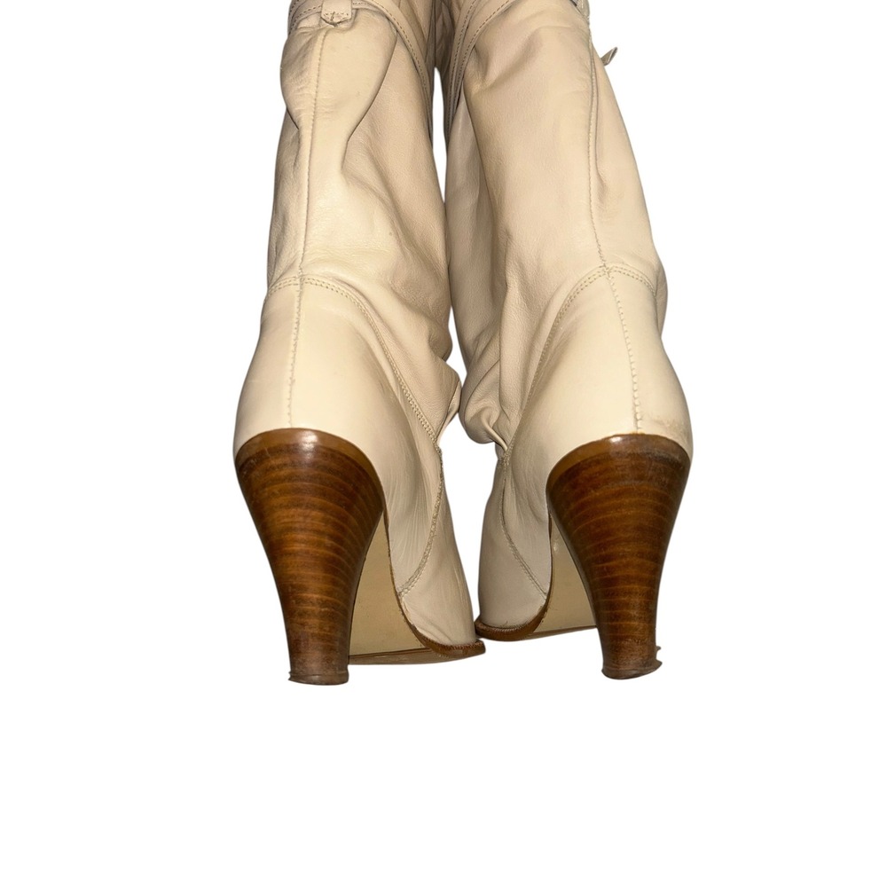 Dingo Vintage Cream Leather Slouch Boots Bow Tie Stacked Heel Pointed Toe Size 9 - Picture 6 of 12